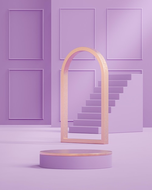 Soporte de escenario de podio arquitectónico moderno lila púrpura y dorado para colocación de productos 3d render