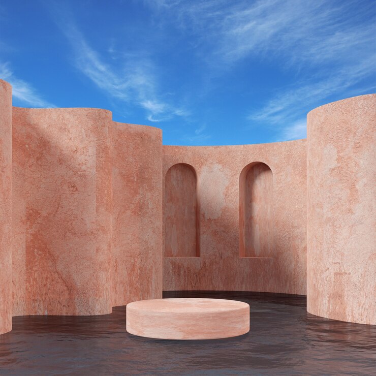 Soporte de escenario de podio beige sobre fondo de cielo azul para la colocación de productos 3D Render