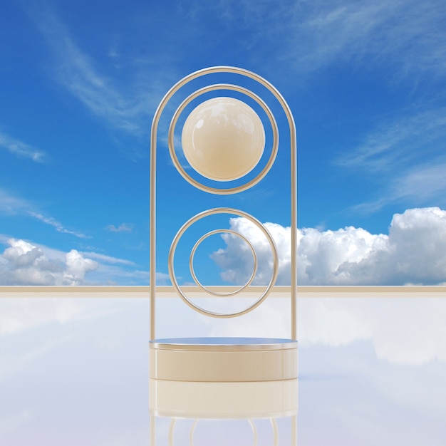 Soporte de escenario de podio de oro beige sobre fondo azul cielo nublado para la colocación de productos render 3d