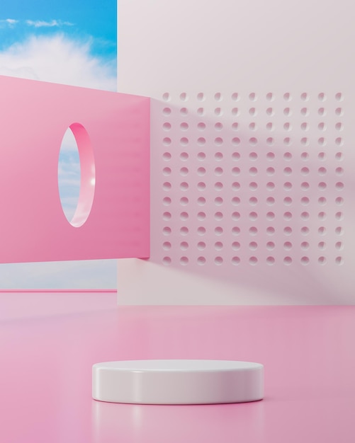 Soporte de escenario de podio rosa y blanco sobre fondo de cielo azul abstracto para renderizado 3d de colocación de productos