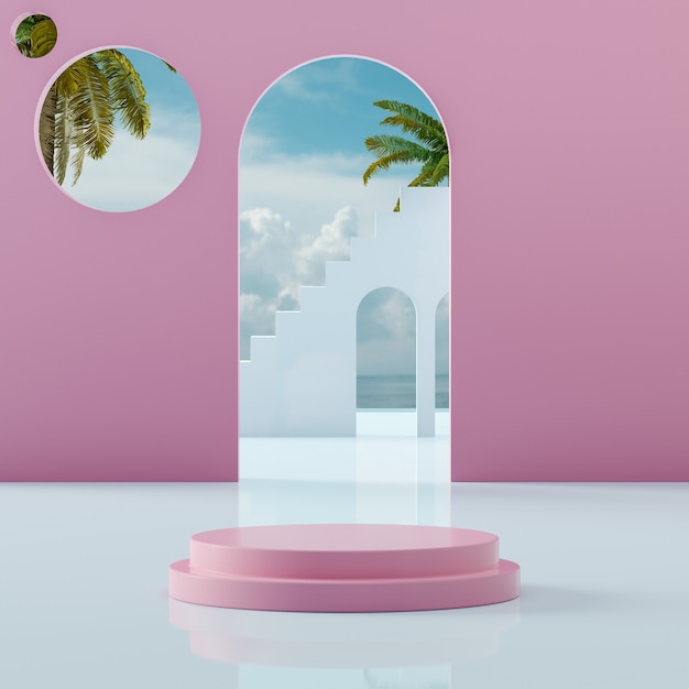 Soporte de escenario de podio rosa en el cielo azul tropical en la orilla del mar para la colocación de productos 3D Render