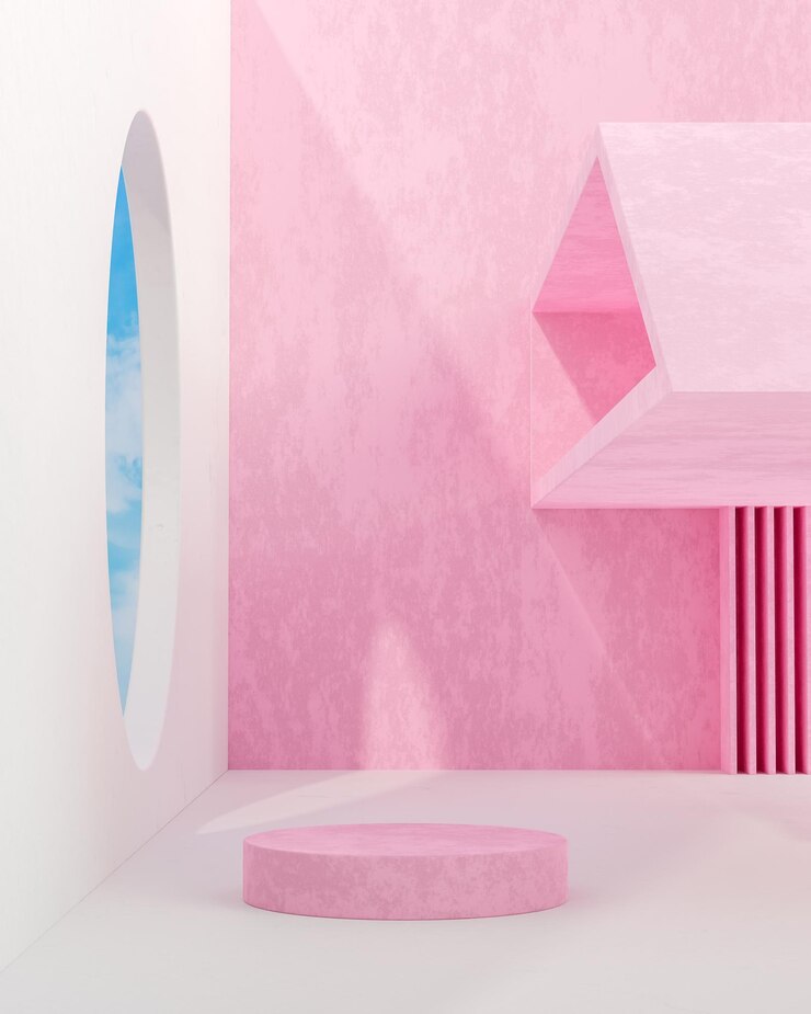 Soporte de escenario de podio rosa sobre fondo de cielo azul de estructura moderna para renderizado 3d de colocación de productos