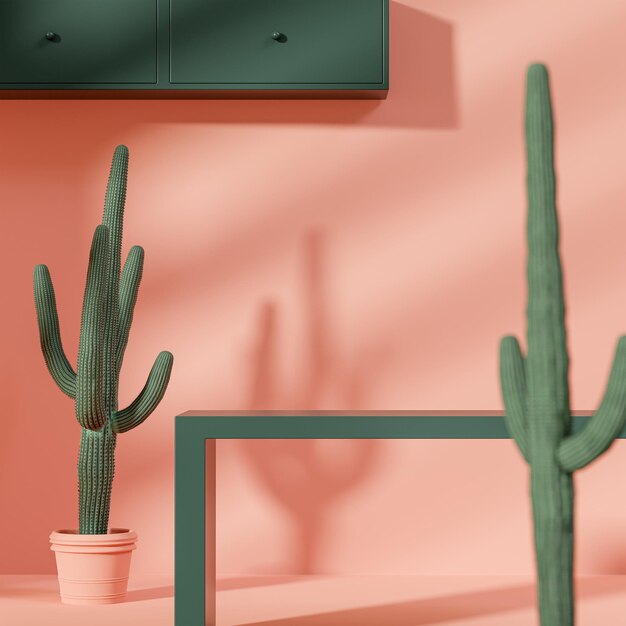 Soporte de escenario de podio sobre fondo de melocotón de árbol de cactus para la colocación de productos 3d render