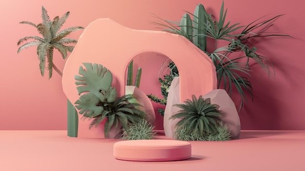 Soporte de escenario de podio sobre fondo tropical natural estilo low poly 3d render