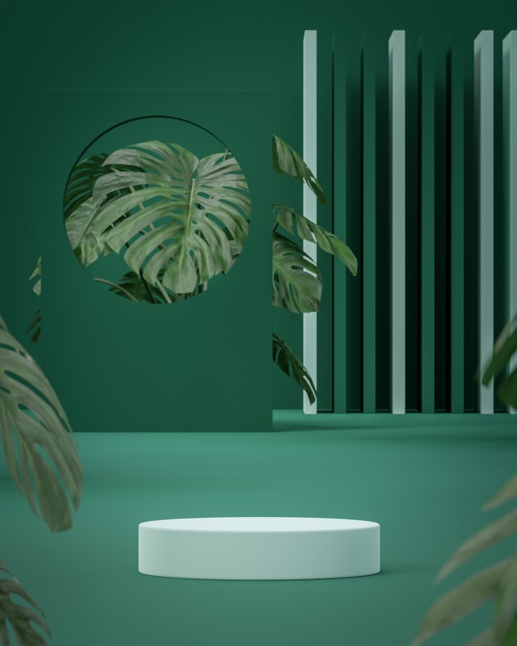 Soporte de escenario de podio verde con hojas tropicales para la colocación de productos 3D Render