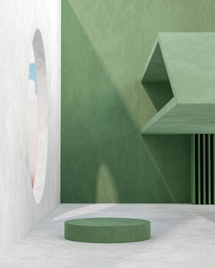 Soporte de escenario de podio verde sobre fondo de cielo azul de estructura moderna para la colocación de productos 3d render