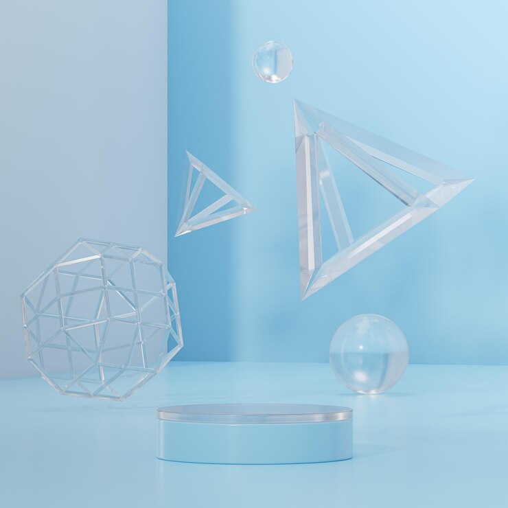 Soporte de escenario de podio de vidrio azul moderno para la colocación de productos 3d render