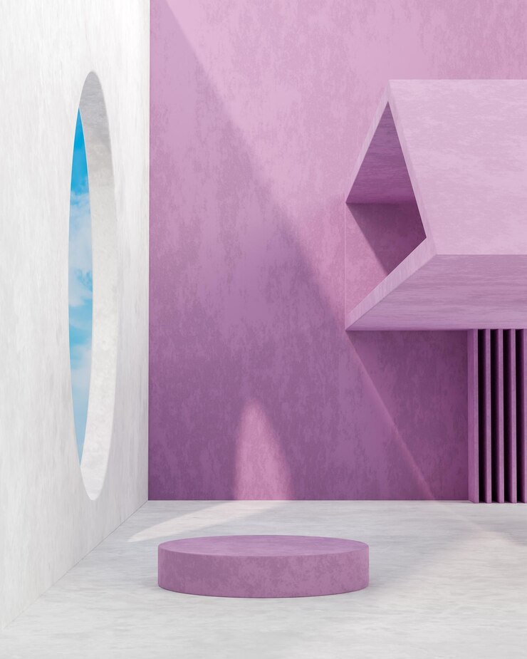 Soporte de escenario de podio violeta sobre fondo de cielo azul de estructura moderna para renderizado 3d de colocación de productos