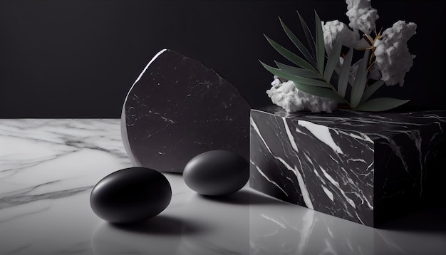 Soporte de exhibición cosmética de podio de piedra con hojas de la naturaleza sobre fondo blanco 3D rendering