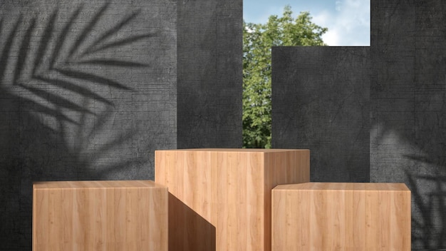 Soporte de exhibición de pedestal de madera para exhibición de productos con sombra de árboles en muro de hormigón