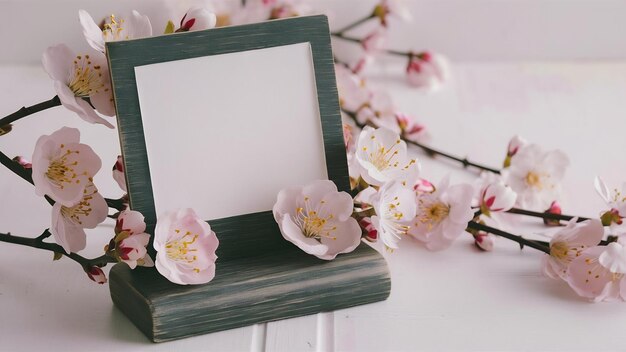 El soporte de la foto en blanco y las flores