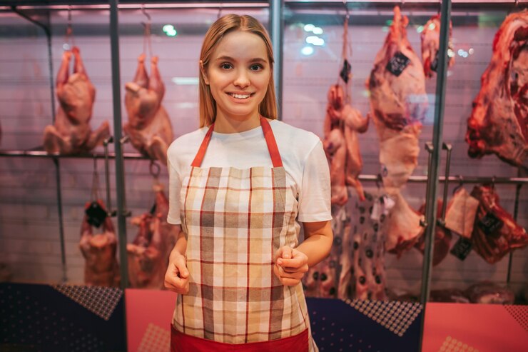 Foto soporte de mujer joven y estante de carne en la tienda de comestibles. ella posa ante la cámara y sonríe. trabajadora positiva