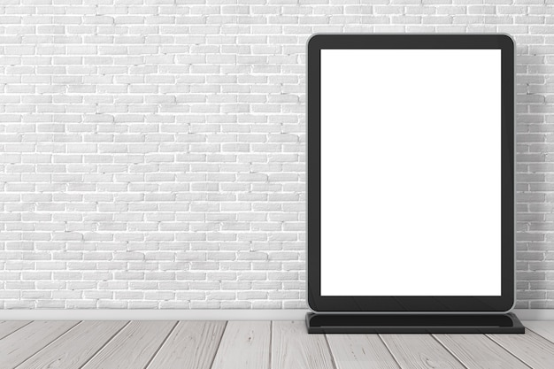 Soporte de pantalla LCD de feria comercial en blanco como plantilla para su diseño frente a una pared de ladrillo. Representación 3D