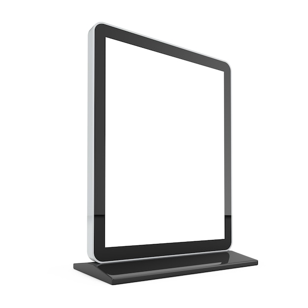 Soporte de pantalla LCD de feria comercial en blanco como plantilla para su diseño sobre un fondo blanco. Representación 3D