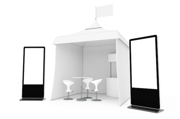 Foto soporte de pantalla lcd de feria comercial cerca de la tienda de eventos al aire libre de publicidad promocional con bandera, mesa y sillas sobre un fondo blanco. representación 3d