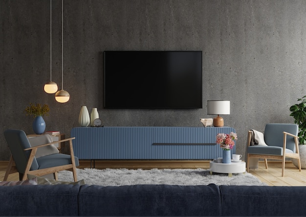 Soporte de pared para tv en el gabinete en la sala de estar moderna la pared de concreto, representación 3d | Foto Premium Soporte De Pared Para Tv En El Gabinete En La Sala De Estar Moderna La Pared De Concreto, Representación 3D | Foto Premium