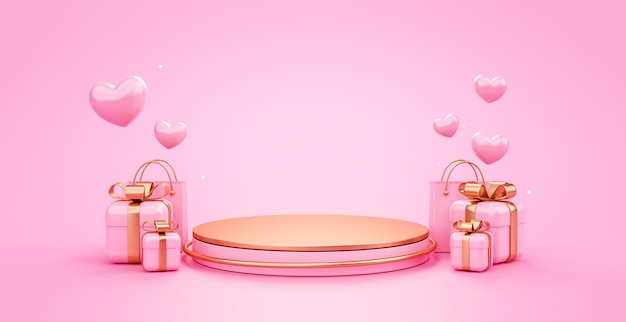 Soporte de pedestal de podio rosa con concepto de diseño de amor de caja de regalo sobre fondo rosa representación 3D