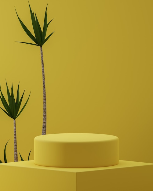 Soporte de podio abstracto amarillo con plantas tropicales