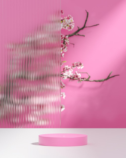 Soporte de podio blanco y rosa sobre fondo de flor de cerezo para la colocación de productos 3d render