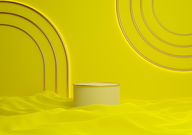 Soporte de podio de exhibición de producto lujoso 3D amarillo neón línea dorada composición mínima arco geométrico