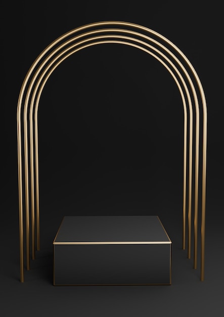 Soporte de podio de exhibición de producto mínimo 3D negro Arcos de oro de lujo composición abstracta de fondo