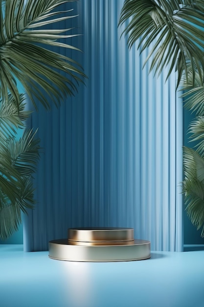 Soporte de podio de oro azul sobre fondo de bosque tropical 3D Render para colocación de productos