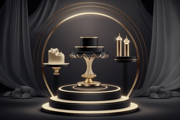 El soporte del podio del pedestal y la luz son todos mate oscuro Espacio para productos y productos de marca en exhibición Ilustración de Glow Decor para Luxury Royal Ads Maqueta para un anuncio de cosméticos de ducha