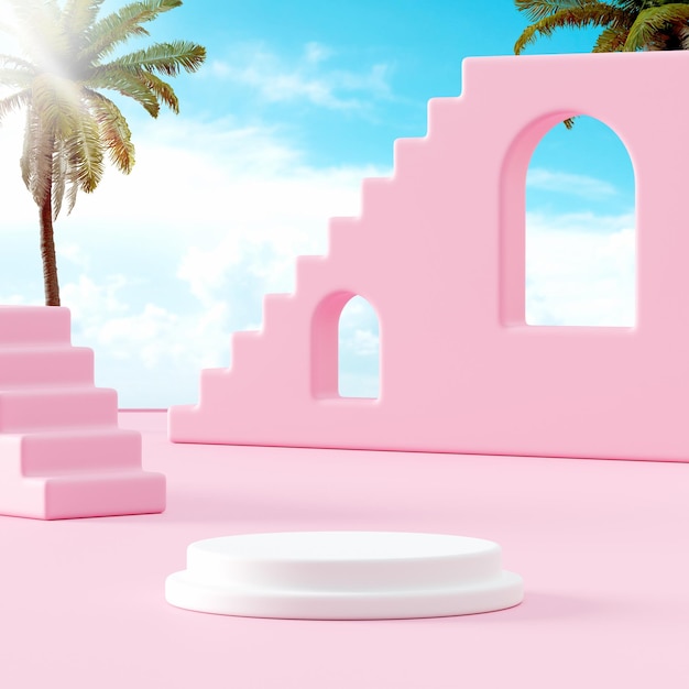 Soporte de podio rosa blanco sobre fondo de árboles tropicales de cielo azul abierto para la colocación de productos 3d render