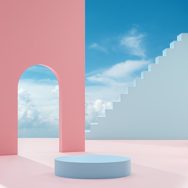 Soporte de podio sobre un fondo melocotón con cielo azul y nubes en un día soleado 3D Render