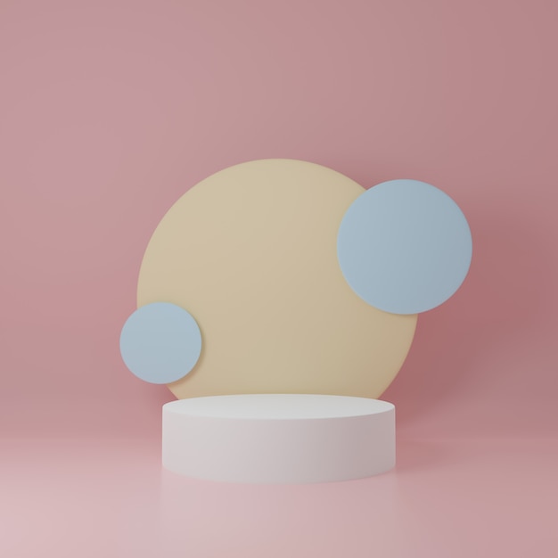 Soporte de producto de cilindro blanco y amarillo en habitación rosa, escena de estudio para producto, diseño minimalista, renderizado 3D