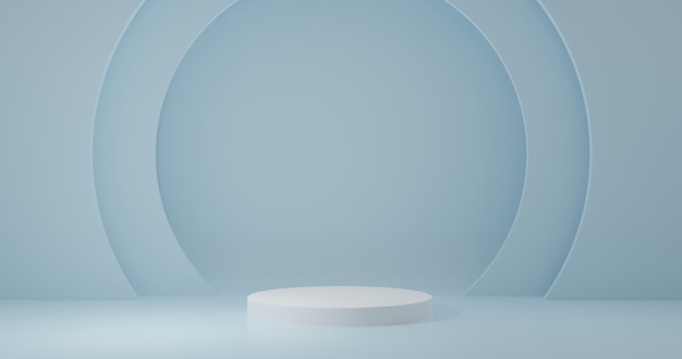 Soporte de producto de cilindro blanco en la habitación azul, escena de estudio para el producto, diseño minimalista, renderizado 3D