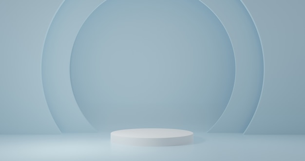 Soporte de producto de cilindro blanco en la habitación azul, escena de estudio para el producto, diseño minimalista, renderizado 3D