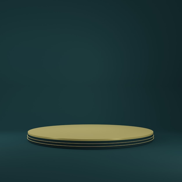 Soporte de producto de cilindro de oro de lujo en habitación azul, escena de estudio para producto, diseño minimalista, renderizado 3D