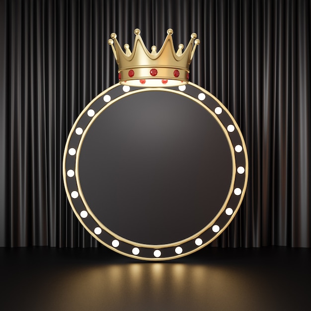 Soporte de producto de exhibición cosmética, círculo de marquesina de oro negro con corona de oro sobre fondo negro. Ilustración de renderizado 3D