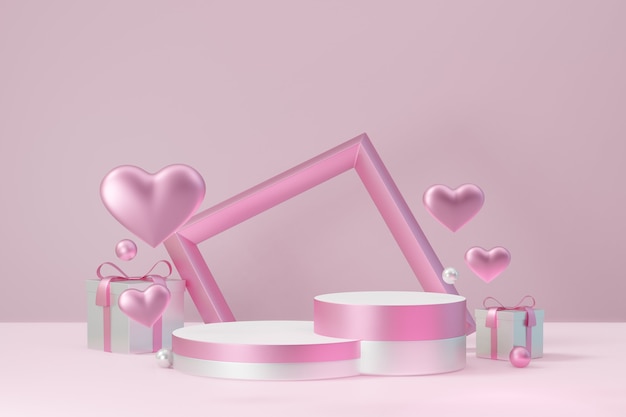 Soporte de producto de exhibición cosmética, dos podio de bloque de cilindros blanco rosa con corazón de marco y caja de regalo sobre fondo rosa. Ilustración de renderizado 3D.