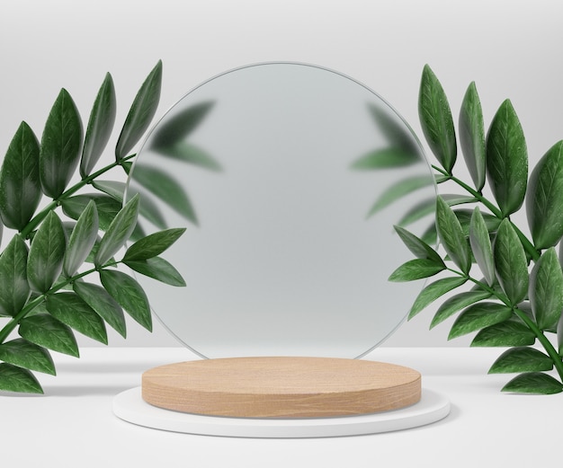 Soporte de producto de exhibición cosmética, podio de cilindro blanco de madera con pared de vidrio mate circular y hoja de naturaleza sobre fondo claro. Ilustración de renderizado 3D