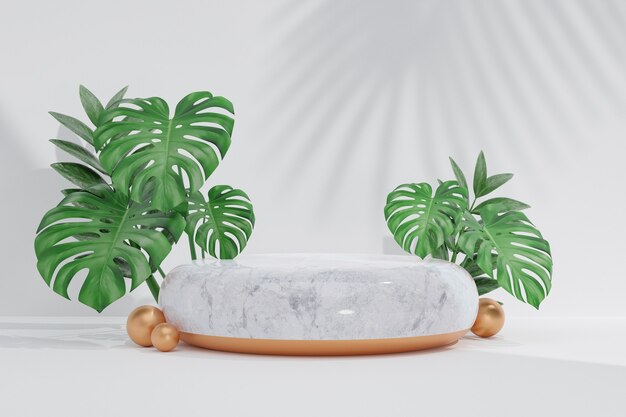 Soporte de producto de exhibición cosmética, podio de cilindro blanco de mármol transparente y esfera de oro con planta de hoja verde sobre fondo blanco. Ilustración de renderizado 3D