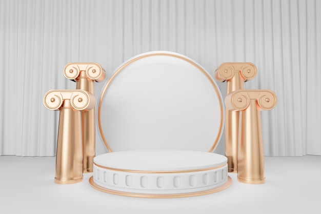Soporte de producto de exhibición cosmética, podio de cilindro redondo blanco dorado con columna romana dorada sobre fondo de cortina blanca. Ilustración de renderizado 3D