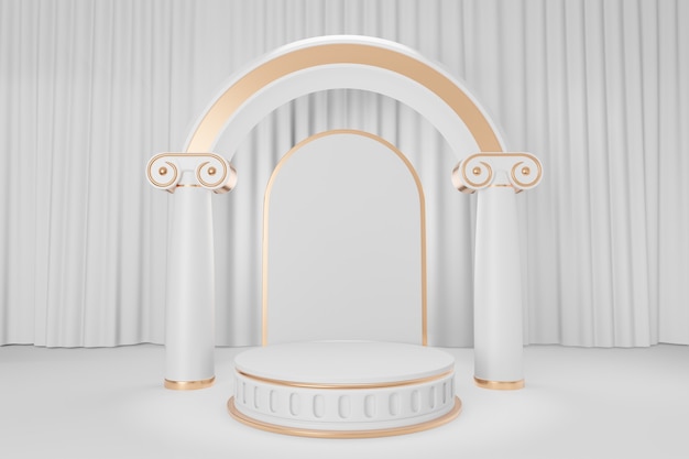 Soporte de producto de exhibición cosmética, podio de cilindro redondo de estilo romano blanco dorado con pared de arco de columna romana sobre fondo de cortina blanca. Ilustración de renderizado 3D