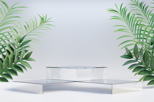 Soporte de producto de exhibición cosmética, podio de vidrio transparente Step con hoja de palma natural sobre fondo claro. Ilustración de renderizado 3D