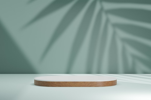 Soporte de producto de exhibición de cosméticos orgánicos, podio de cilindro redondo de madera marrón blanco sobre fondo de pared verde con sombra de luz solar. Ilustración de renderizado 3D