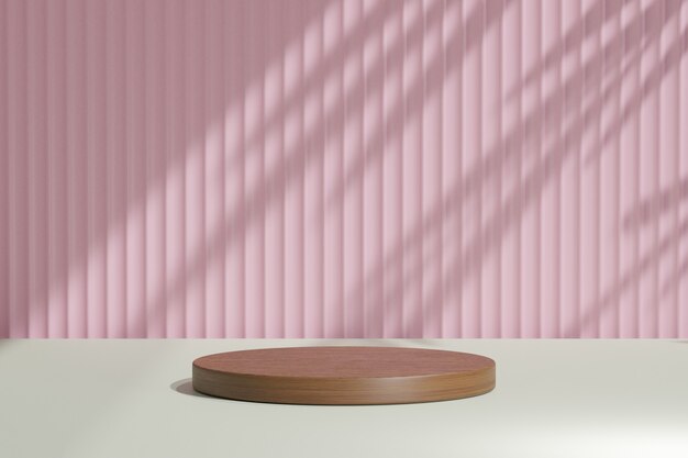 Soporte de producto de exhibición de cosméticos orgánicos, podio de cilindro redondo de madera marrón sobre fondo de pared rosa con sombra de luz solar. Ilustración de renderizado 3D