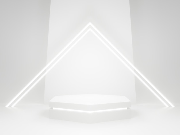 Soporte de producto geométrico blanco con luces de neón. Representación 3D.