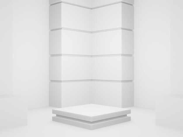 Soporte de producto geométrico renderizado 3D. Fondo de esquina blanco