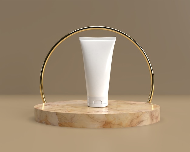 Soporte de producto de marco y fondo dorado con caja de crema listo para maqueta