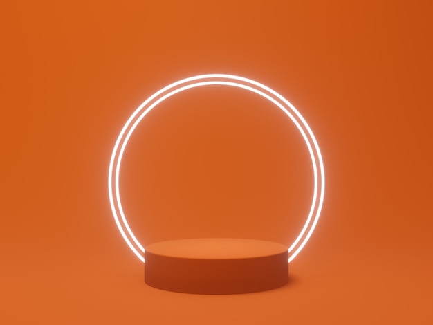 Soporte de producto renderizado en 3D. Podio naranja con luces de neón blancas.