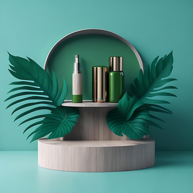 Foto soporte publicitario de productos cosméticos exposición podio de madera sobre fondo verde con hojas y ella