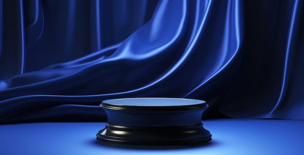 Un soporte redondo negro con una cubierta negra frente a una cortina azul.