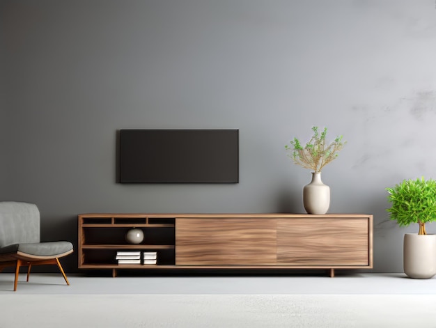 Foto soporte de tv con un soporte de madera y un jarrón blanco con flores en él