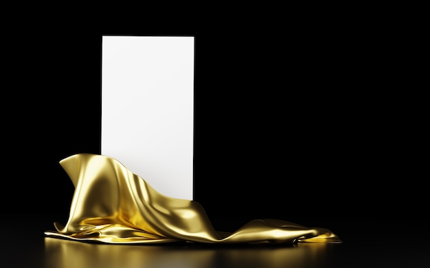 Soporte vertical blanco con tela dorada con reflejo aislado en un fondo negro. Banner, plantilla para presentación, publicidad. Ilustración 3d